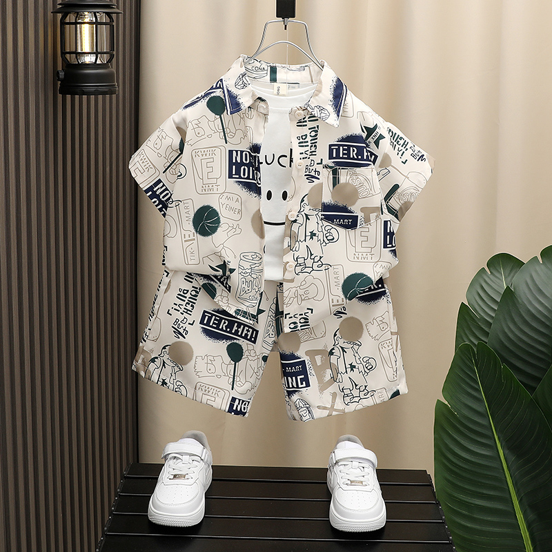 左西男童夏装短袖衬衫套装2025新款帅气宝宝衣服儿童夏季三件套潮