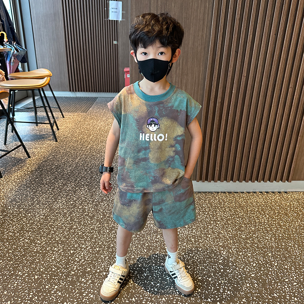 左西男童夏季无袖背心套装帅气薄款2025新款儿夏装宝宝夏天扎染衣