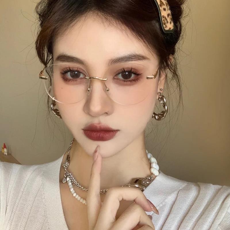复古无框眼镜女韩版潮近视可配有度数素颜装饰眼镜框大框圆脸显瘦