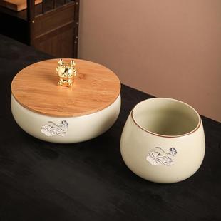 黄汝窑茶洗带盖家用茶渣缸茶桌水盂陶瓷建水茶水缸废水桶茶道配件