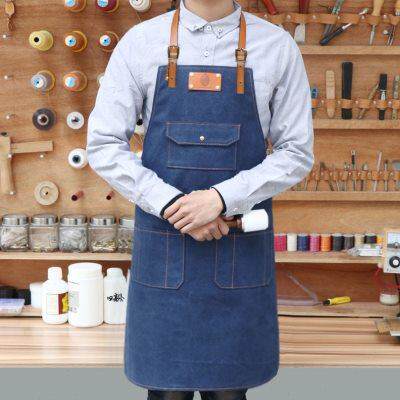 韩版围裙定做浅灰色牛仔帆布工作服咖啡店西餐厅绘画真皮定制LOGO