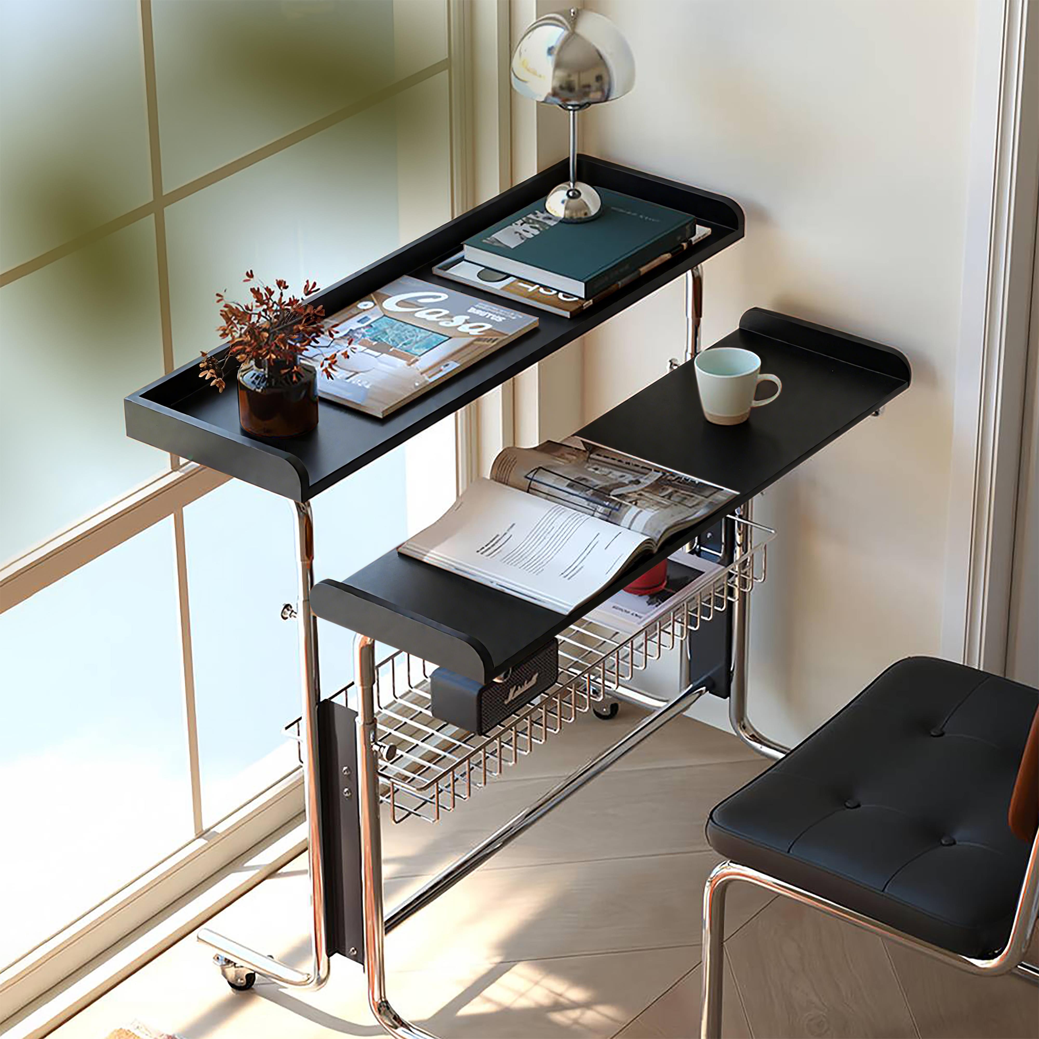 中古实木可升降书桌子包豪斯移动办公电脑飘窗床边折叠黑色工作台