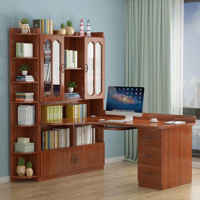 实木转角书桌书架一体组合台式电脑桌简约儿童学习写字桌卧室书柜