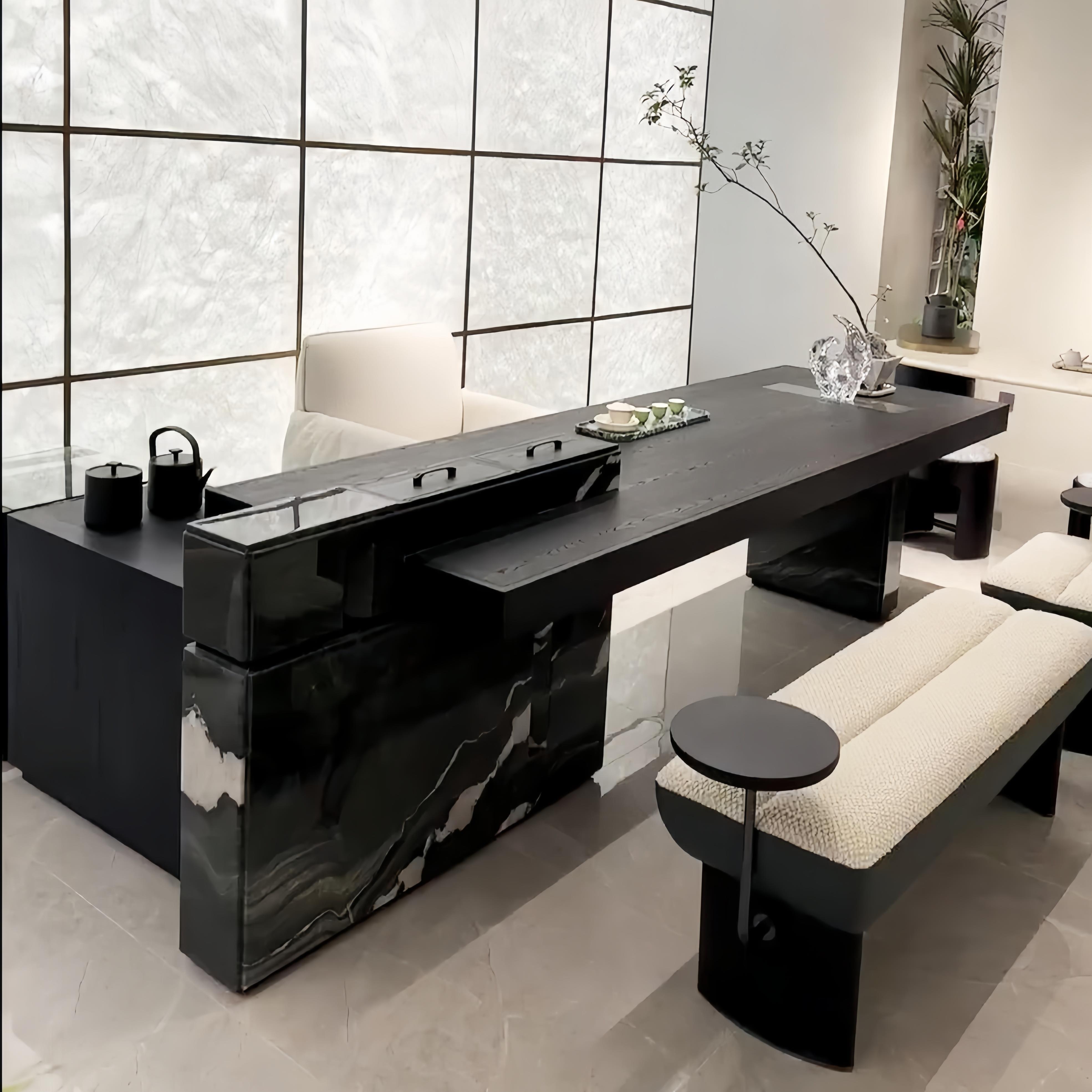 意式轻奢黑胡桃实木岩板茶桌现代简约轻奢高级感会客办公泡茶桌