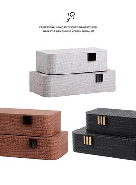 轻奢现代木质黑色皮革软装首饰盒衣帽间收纳饰品盒样板房玄关装饰