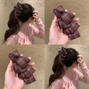 布朗尼甜心 复古学院风后脑勺马尾夹子 韩国格纹蝴蝶结香蕉夹法式