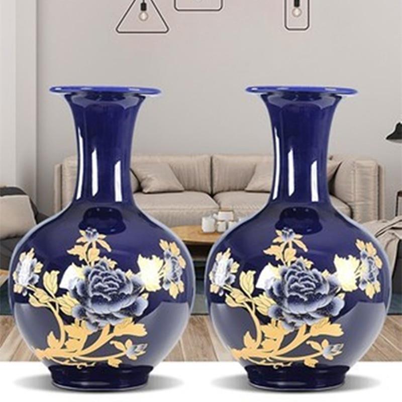 景德镇陶瓷花瓶蓝色青花瓷花插小花瓶轻奢装饰品干燥花摆件现代简