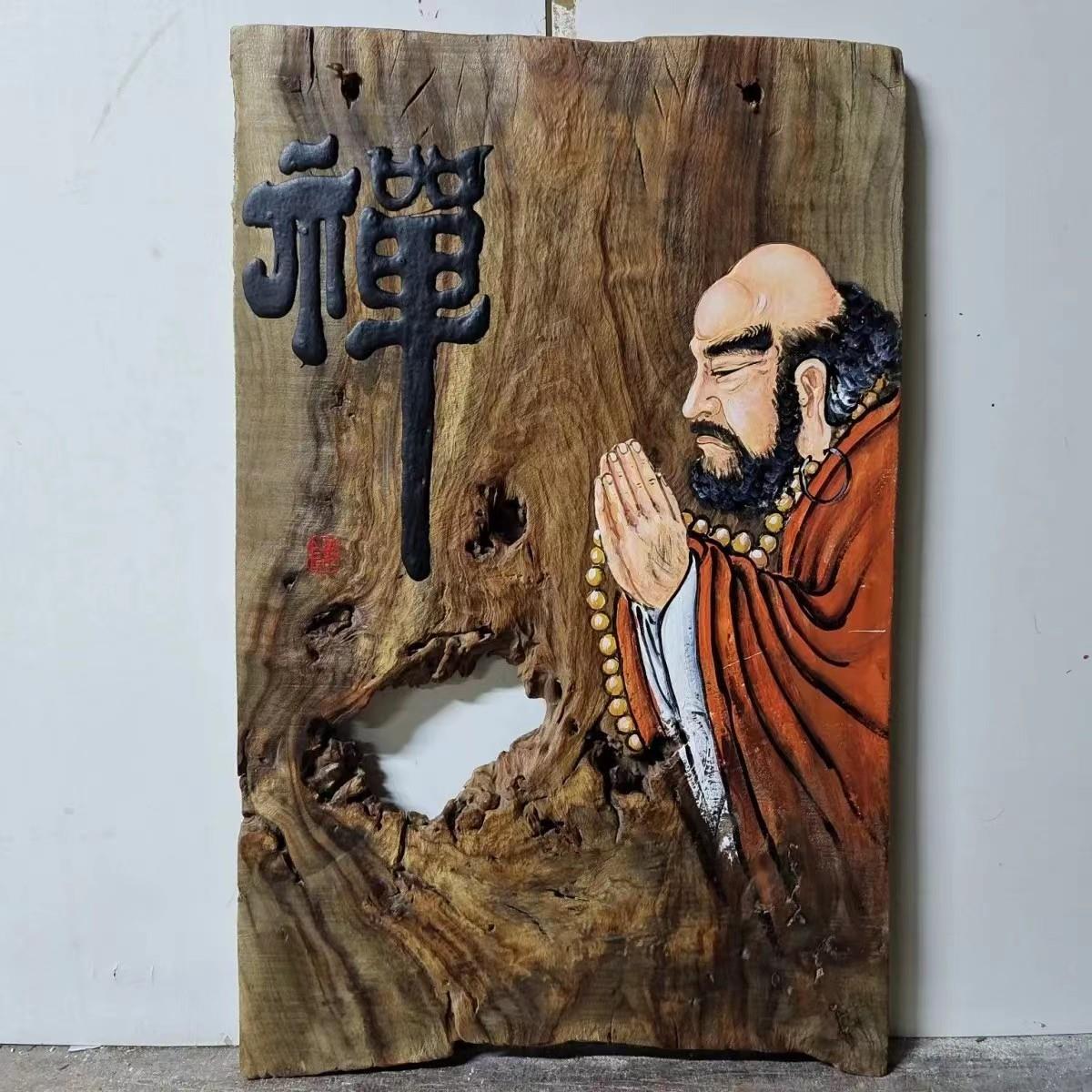 风化木板画背景墙装饰画入户玄关饭厅过道实木挂画香樟木手绘壁画