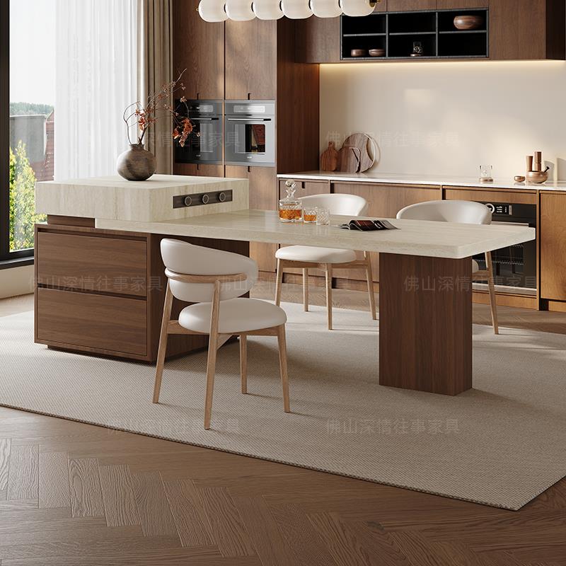 中古风岛台餐桌一体家用可伸缩岩板厨房餐厅中小户型储物导台定制