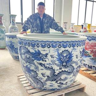 景德镇陶瓷鱼缸手绘青花龙纹睡莲荷花缸庭院种树大缸特大号水缸