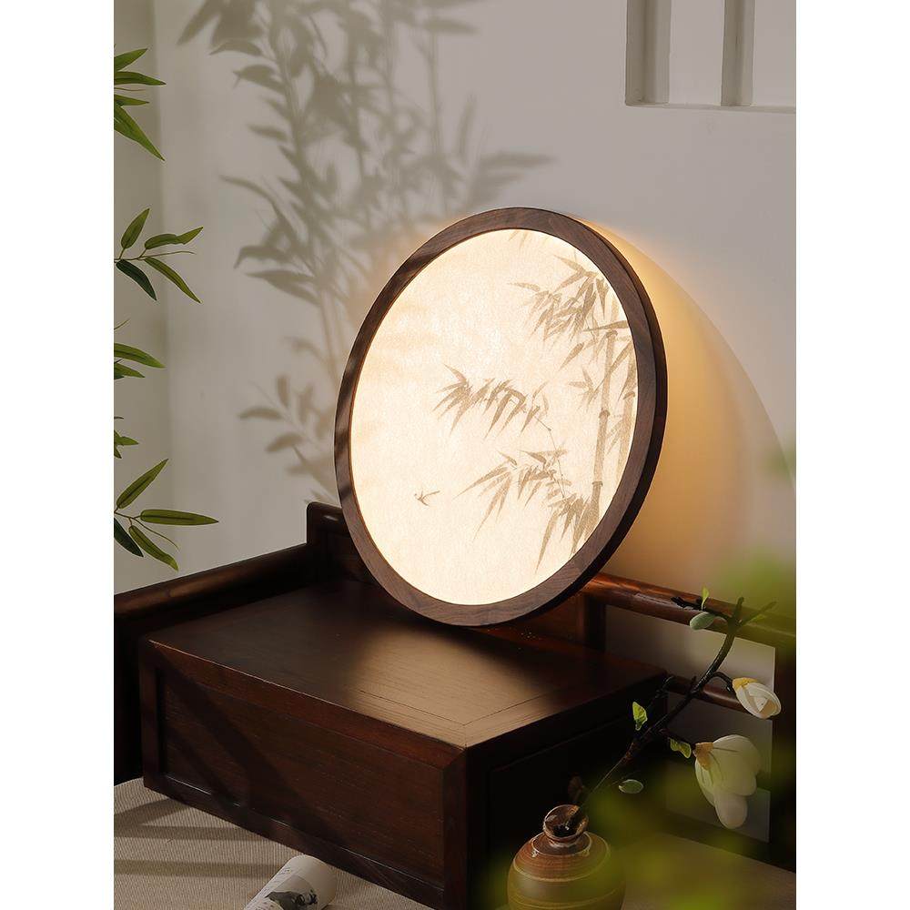 新中式禅宗风格卧室吸顶灯宋氏美学彷真丝胡桃书房圆方形Led灯