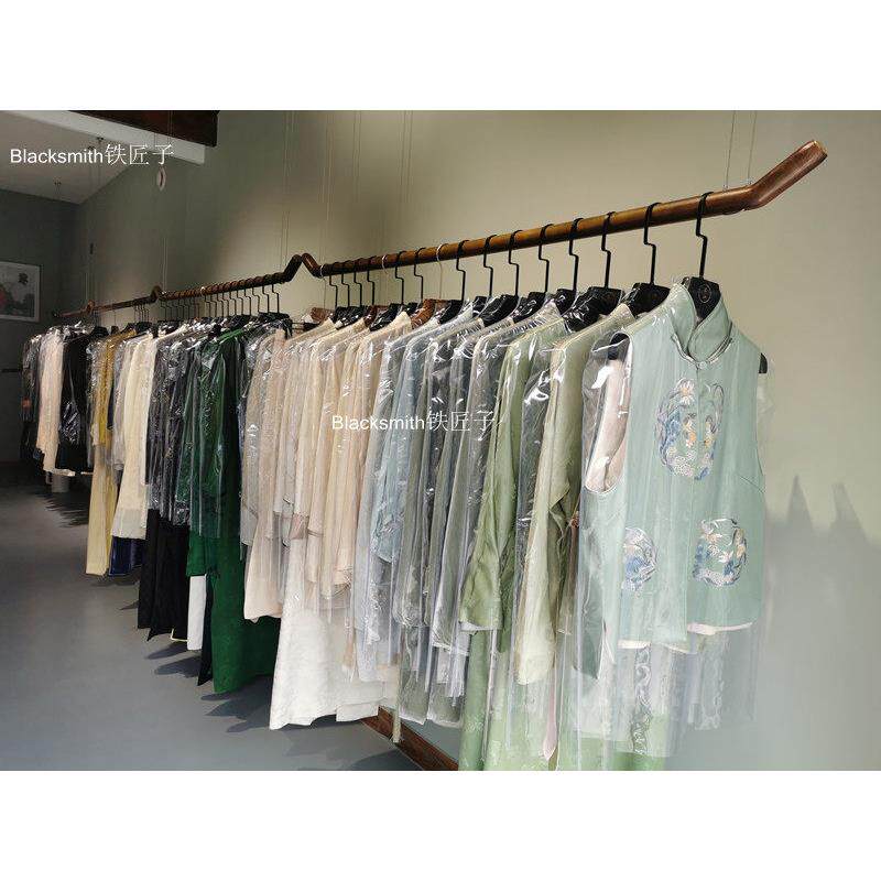 新中式白蜡实木服装架钢丝吊架服装店上墙男女童装悬吊式天花板展