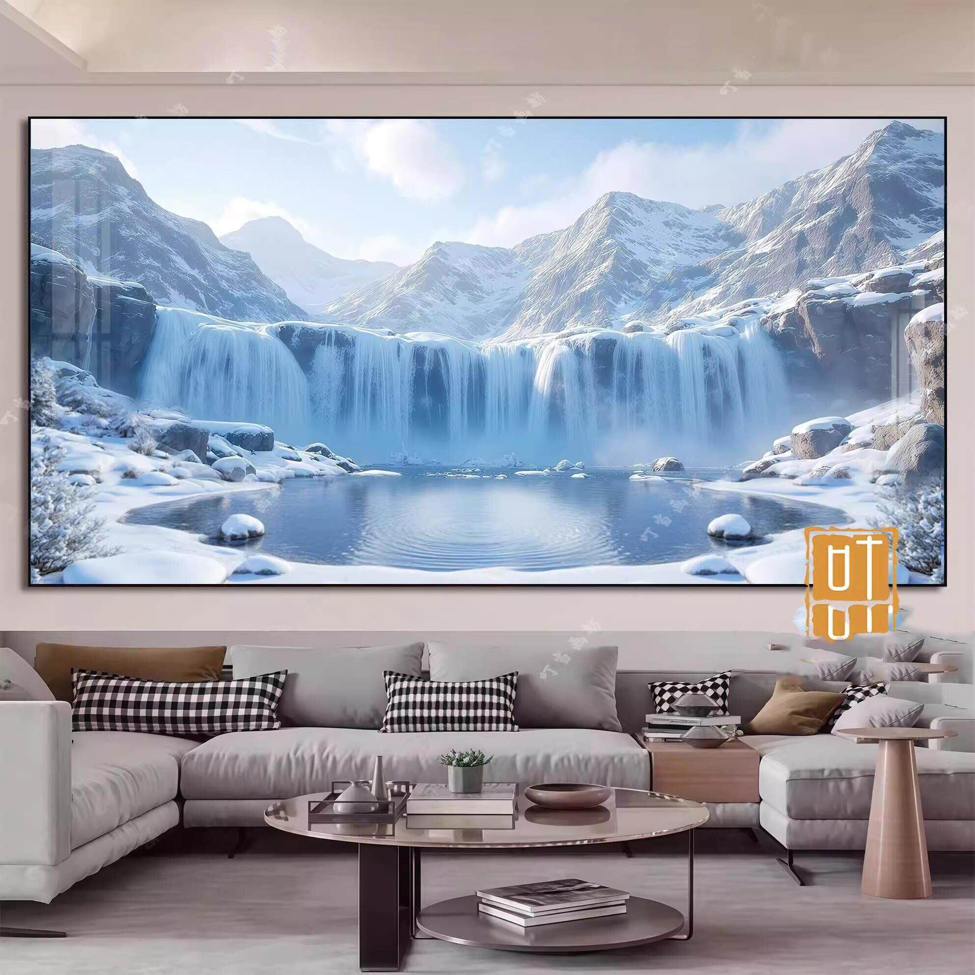 雪山瀑布聚宝盆招财流水画晶瓷框画玄关客厅背景墙山水风水装饰画