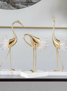 轻奢摆件现代客厅玄关电视柜水晶纯铜仙鹤家居装饰品乔迁新居礼品