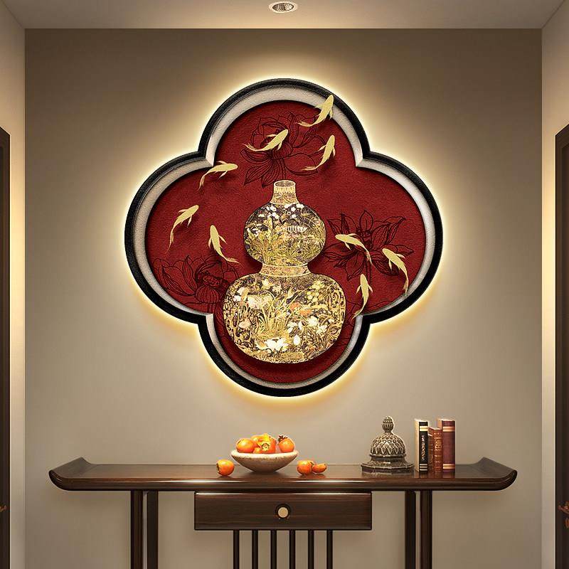 新中式葫芦玄关装饰画法式复古入户梅花形壁画锦鲤假窗户带灯挂画
