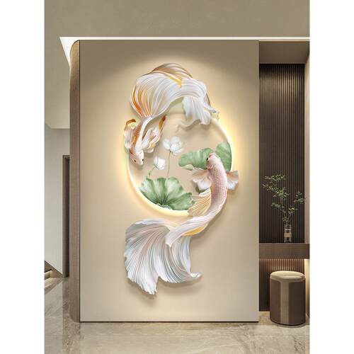 好运锦鲤玄关装饰画高级感荷花带灯挂画轻奢年年有余正对门墙壁画