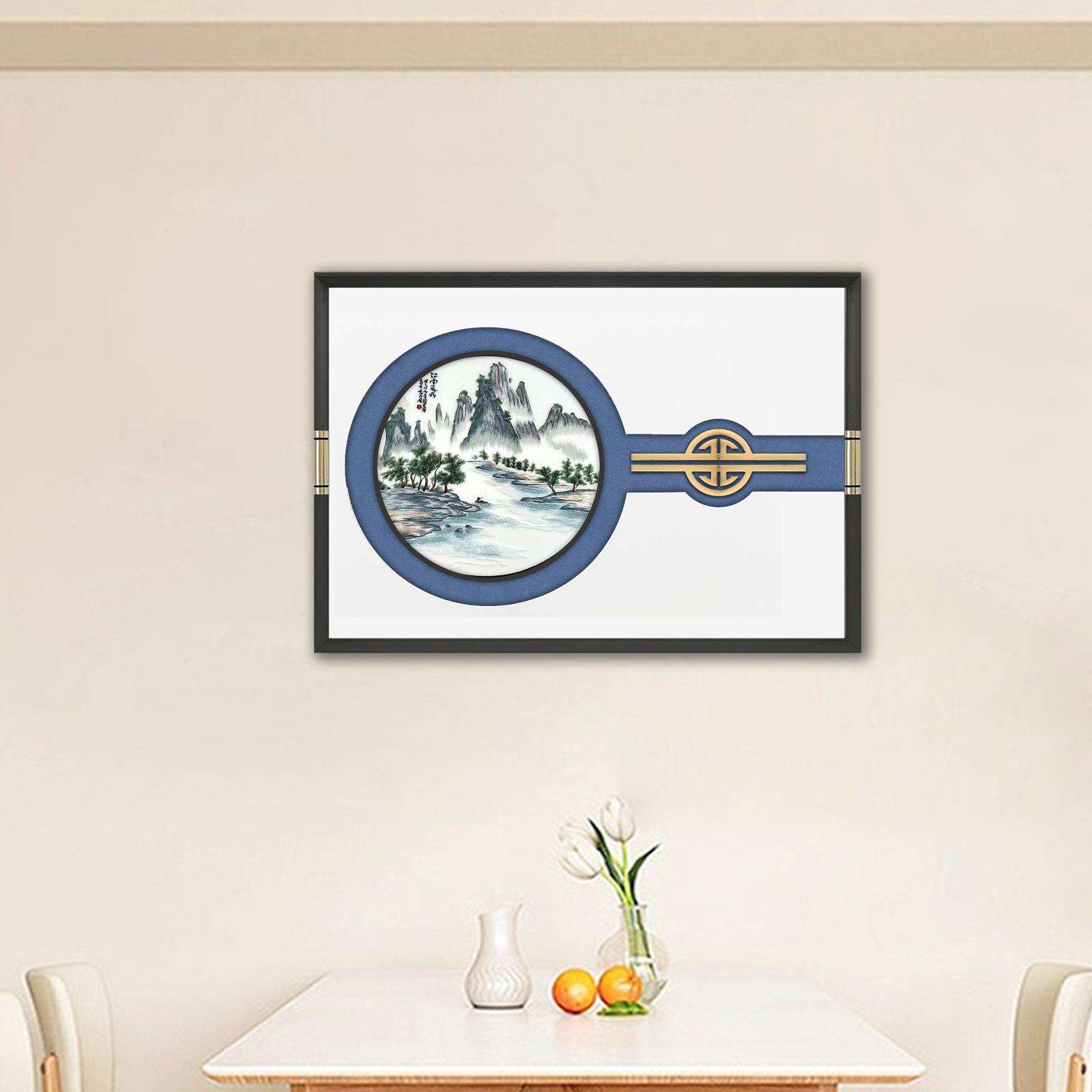 中国风苏绣成品挂画透纱餐厅新中式古典装饰画国画山水壁画铜拉丝