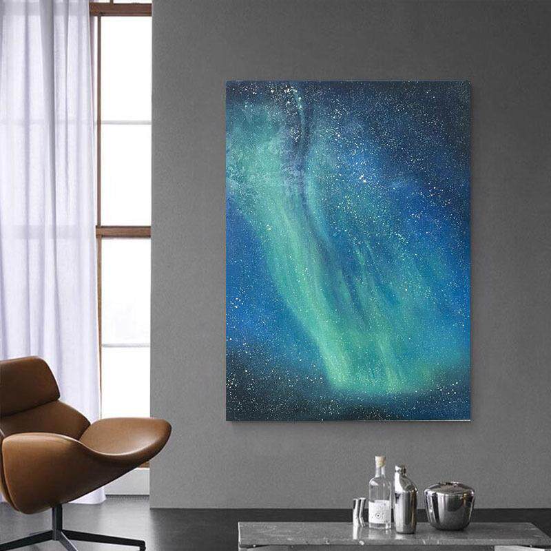 手绘蓝绿色星空客厅装饰画玄关小众肌理画极光艺术砂岩肌理手工画