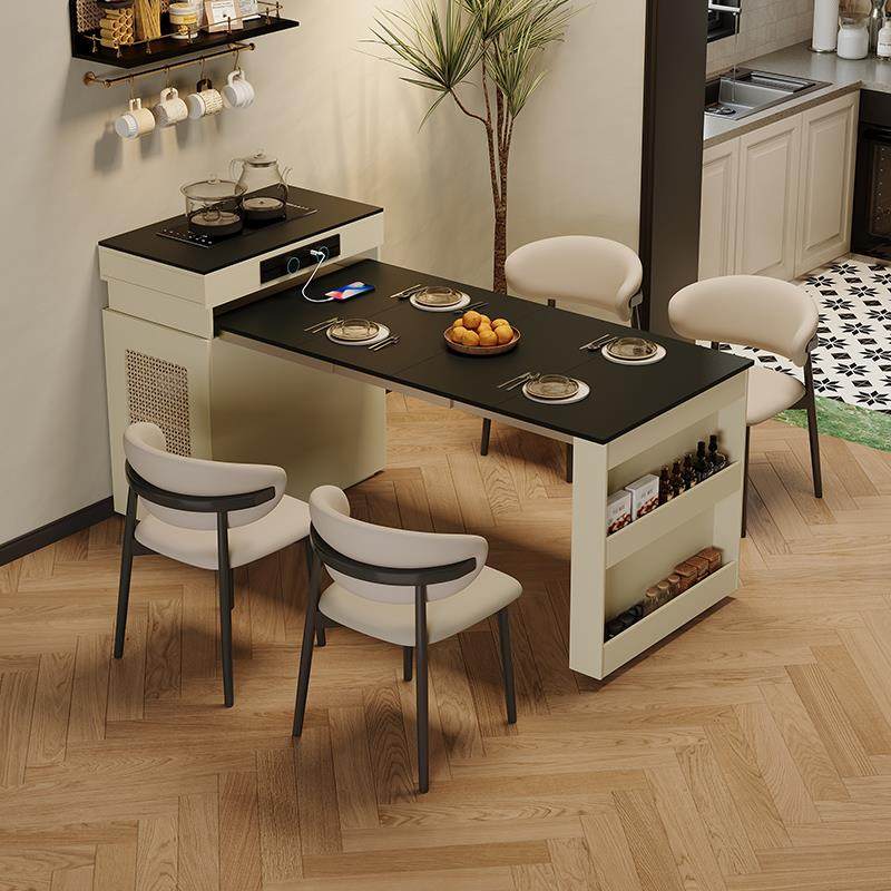 实木窄岛台餐桌一体可折叠伸缩餐桌家用小户型饭厅厨房饭桌吧台