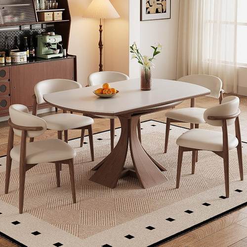 岩板餐桌可伸缩家用小户型法式中古风白蜡木实木方圆两用吃饭桌子