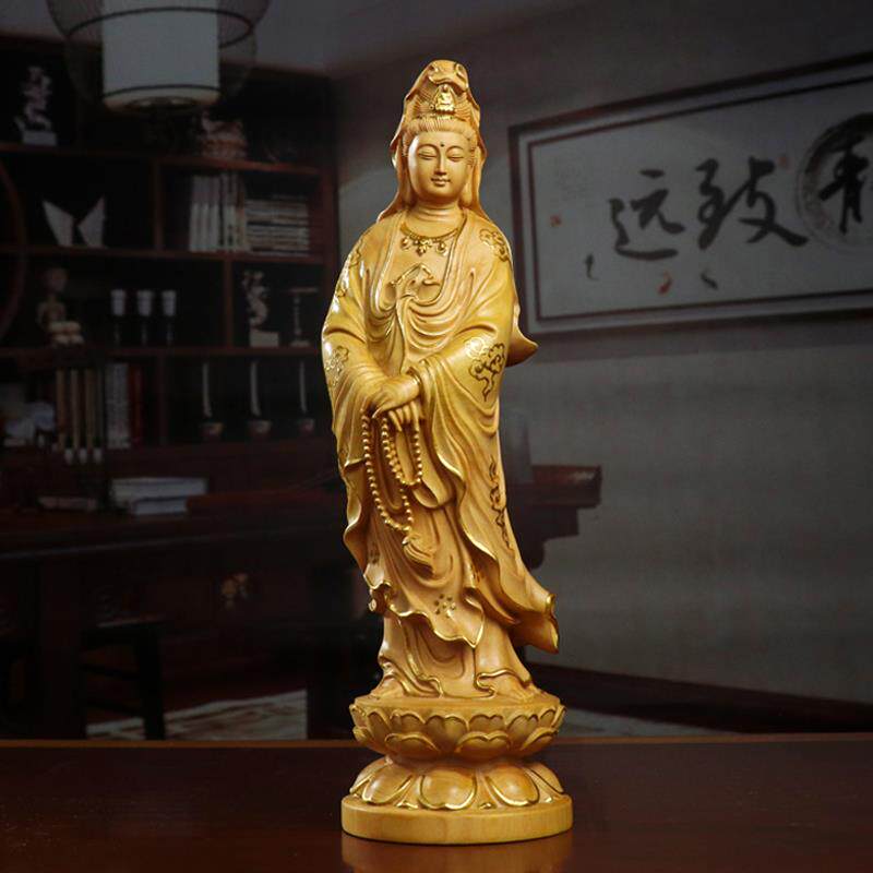 黄杨木雕摆件中式家居客厅木质雕刻手工艺品佛像拿珠观音菩萨