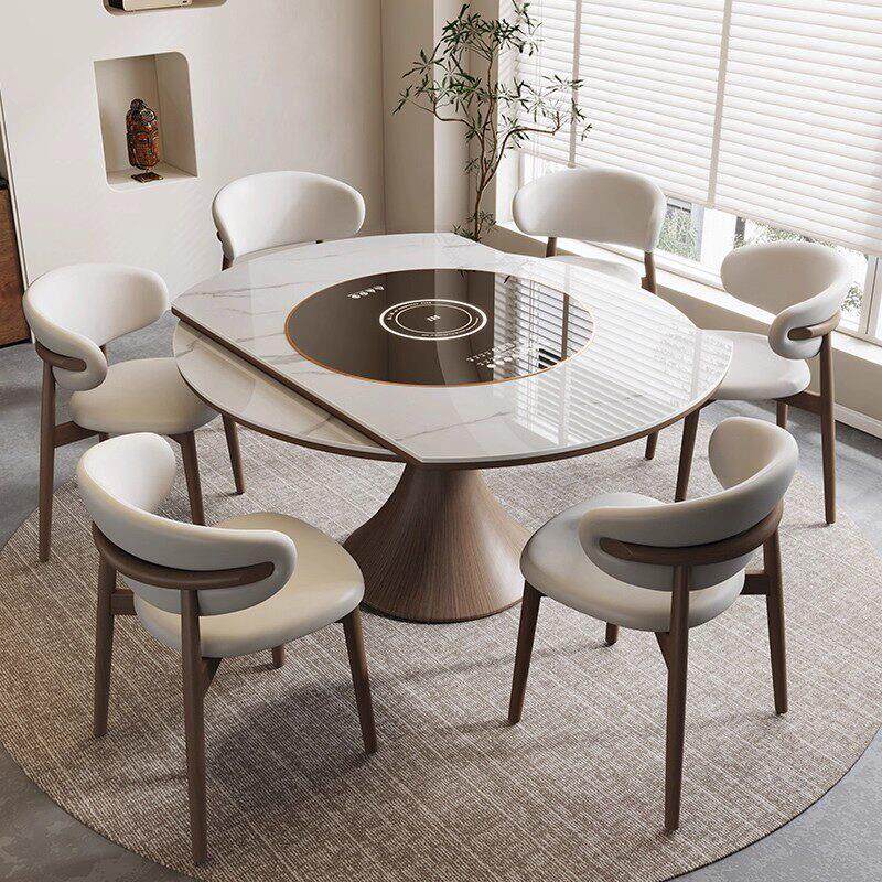 实木伸缩岩板餐桌家用多功能内嵌暖菜板带转盘电磁炉一体折叠圆桌