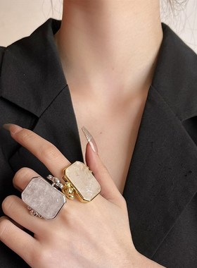 法式大块方形戒指复古大块方糖水晶天然石夸张个性小众高级感指环