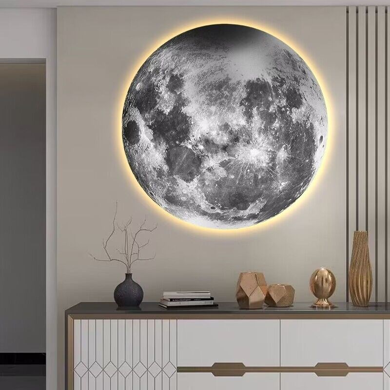 月球地球壁灯圆形过道走廊玄关挂画主卧背景墙卧室带灯床头装饰画