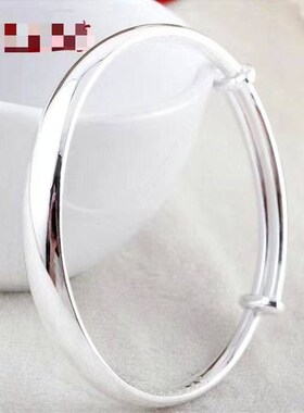 999银手镯女年轻款宽面手饰光面实心手镯推拉纯银镯子送妈妈情侣