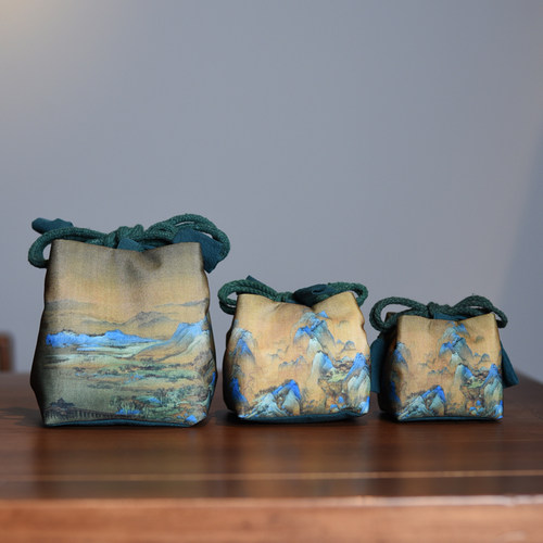 古画千里江山茶杯收纳布袋主人杯包装袋旅行茶具手提包文玩首饰袋