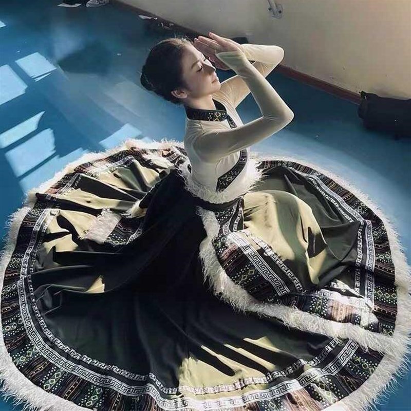 藏族舞蹈a演出服女艺考练习裙大摆半身长裙少数民族服装舞台表演