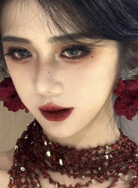 多层串珠项链复古夸张酒红色玫瑰耳环女小众礼服拍照气质花朵耳饰