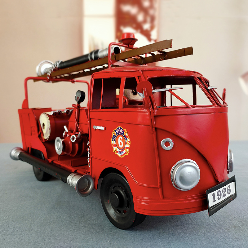 英伦风复古消防车模型装饰摆件创意手工铁艺金属饰品红色汽车摆饰