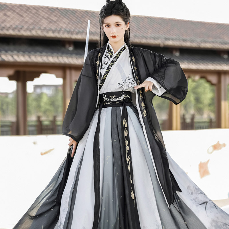 宋制汉服男女款成人女古装长褙子黑色中国武侠水墨风仙气飘飘秋季图片