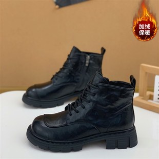 英伦风复古加绒马丁靴女2024冬季 炸街显瘦短靴厚底系带机车靴 新款