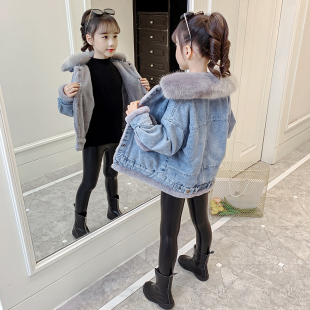 女童加绒牛仔外套2022冬装新款洋气大童秋冬季儿童装加厚上衣韩版