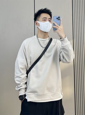 春秋新款纯色圆领卫衣男士基础款假两件拼接韩版潮流宽松打底衫潮