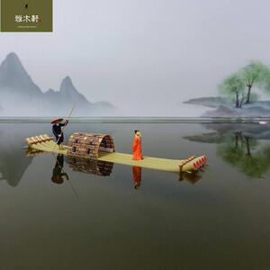 桂林山水竹筏船鱼缸假山吸水石盆景微景观饰品摆件漂浮江南小木船