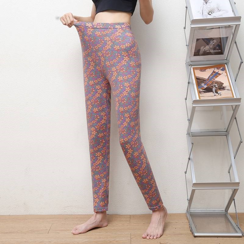 女士小碎b花印花保暖裤老人秋冬德绒棉裤中老年加厚高腰妈妈秋裤