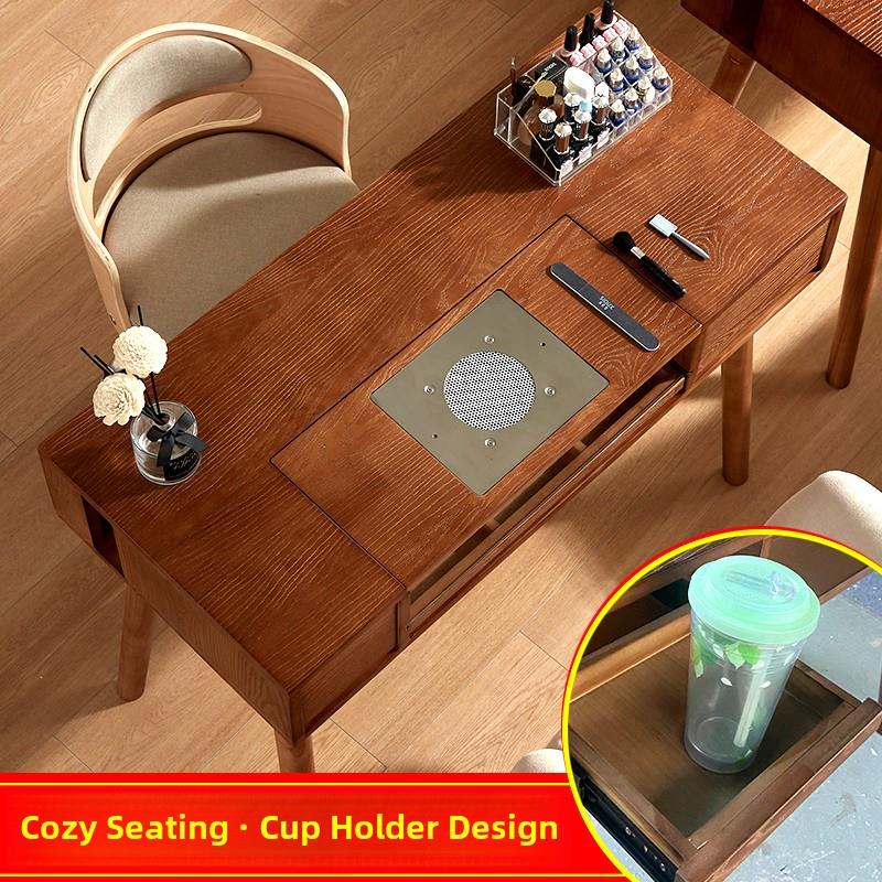 日式覆古风实木多抽屉收纳带吸尘器美甲台25款单双人美甲桌椅套装