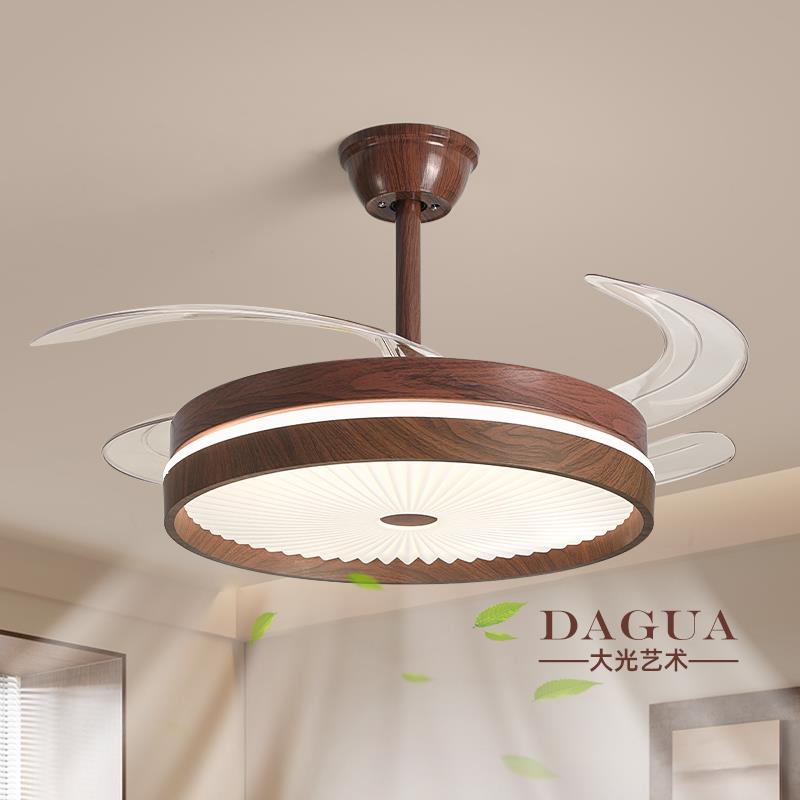 风扇灯复古胡桃木纹创意百褶电扇一体灯中古风隐形静音餐厅吊扇灯