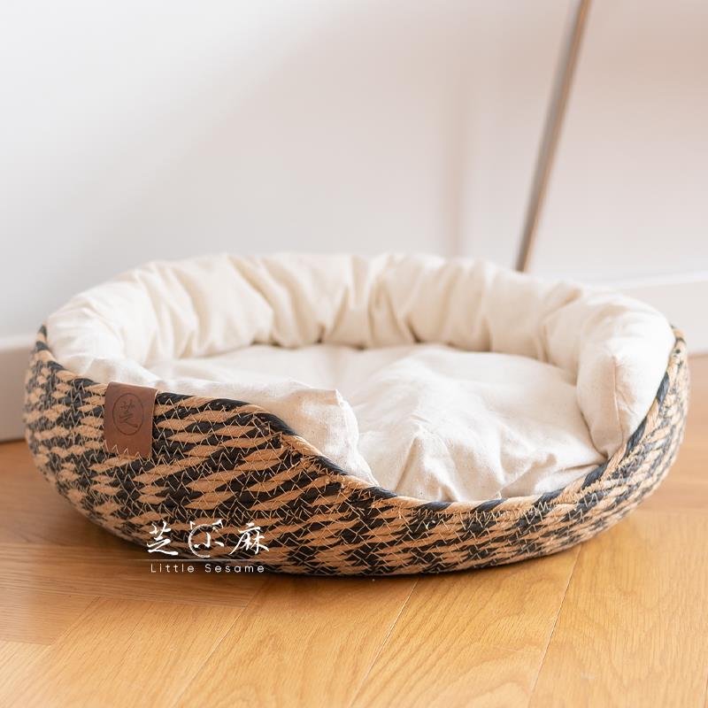 芝小麻覆古拼色编织猫窝夏天藤编四季通用可拆洗棉布猫床猫咪凉窝