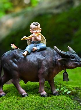 中国风水牛摆件桌面客厅动物装饰创意微景观牧童骑牛盆景假山造景