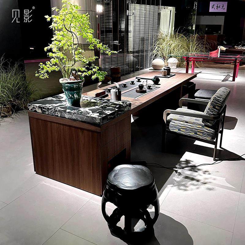 见影新中式实木茶桌椅组合简约大气商务茶台北美黑胡桃木高端定制