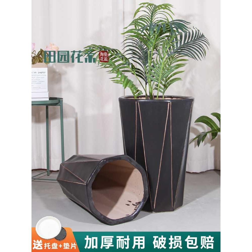 陶瓷特大号花盆黑色八方高档轻奢家用阳台落地大盆几何花瓶种树盆