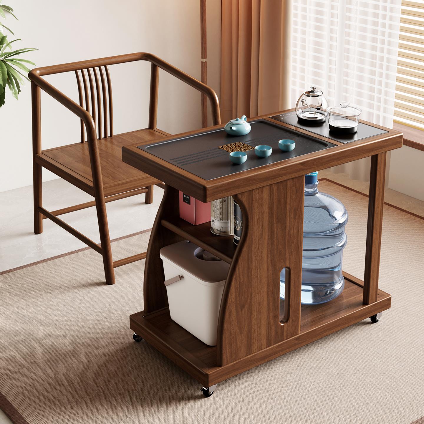 移动茶桌家用小户型茶台实木茶车烧水壶一体茶水柜茶边几功夫套装