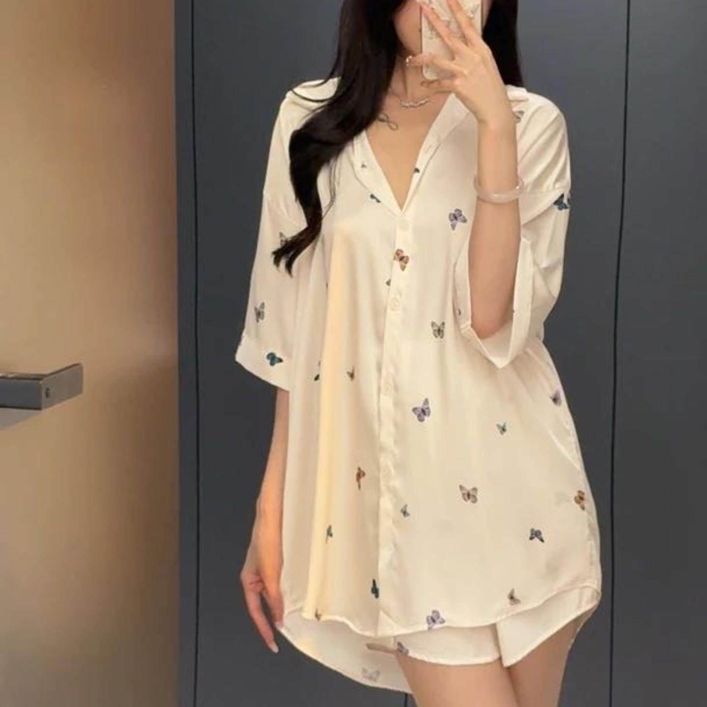 高端轻奢蝴蝶衬衫睡裙冰丝绸薄款睡衣女夏季新款家居服套装可外穿,女士内衣/男士内衣/家居服,睡衣/家居服套装,淘宝优惠券,粉丝福利购,淘宝优惠卷