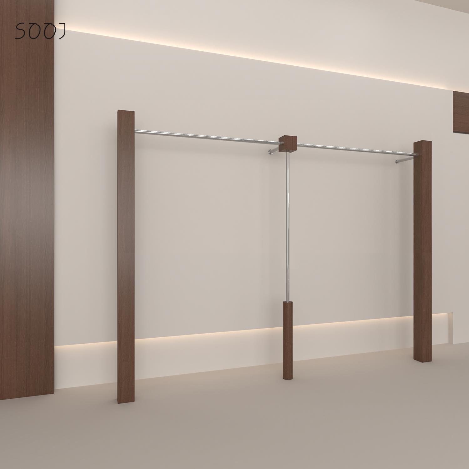 服装店展示架仿胡桃木纹上墙女装店货架不锈钢陈列架落地式挂衣杆