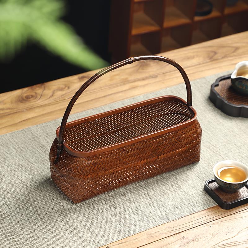 手工竹编大漆提篮竹编水果篮 桌面茶具收纳筐 中式覆古首饰整理盒
