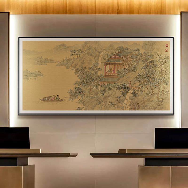新中式宋代美学饭店餐厅巨幅山水挂画客厅茶室背景墙高级感装饰画